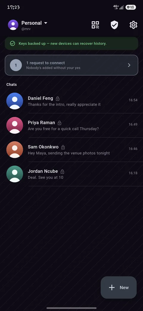 The Knock chat list, showing recent conversations in dark mode.