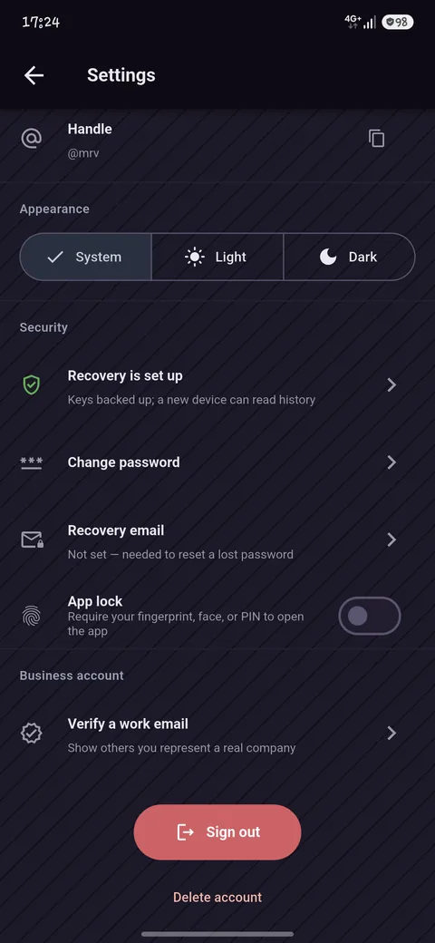 Security settings, including App Lock and account deletion.