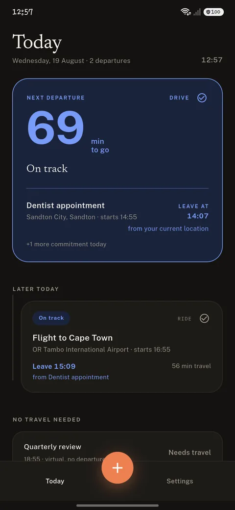The Today screen, showing when to leave for each upcoming event.