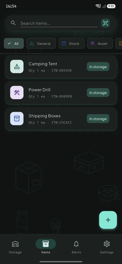 The item list with a search bar, category filters and each item's storage status.